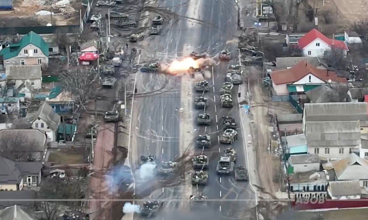 Drone footage shows Ukrainian ambush on Russian tanks | Ukraine | The  Guardian
