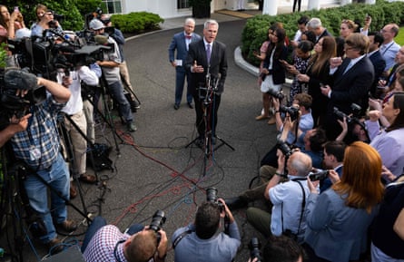 House Speaker Kevin McCarthy (R-CA) speaks to the media as he leaves a meeting on the debt ceiling with President Joe Biden outside the West Wing on 22 May.