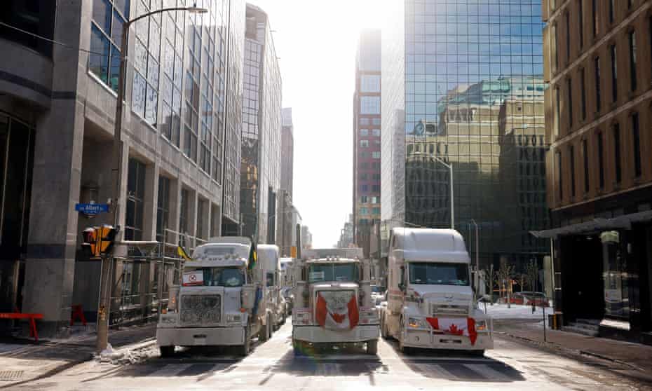 Trucks block downtown streets in Ottawa on 1 February. 
