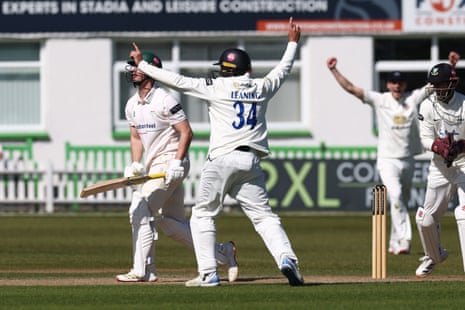 Tom Scriven is caught at leg slip off the bowling of James Coles.