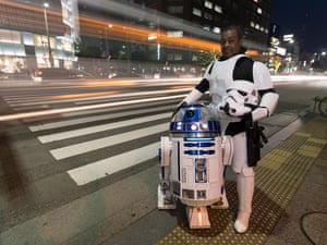 Richard and R2-J1 in downtown Fukuoka, where Richard works as a teacher. He built the droid in his spare time after work