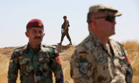 A German Bundeswehr soldier involved in training with Kurdish Peshmerga fighters at Zeravani training camp in Erbil, Iraqi Kurdistan, 21 August 2019.