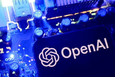 An image of the OpenAI logo, cast in blue light, against a backdrop of futuristic-looking knobs and lights