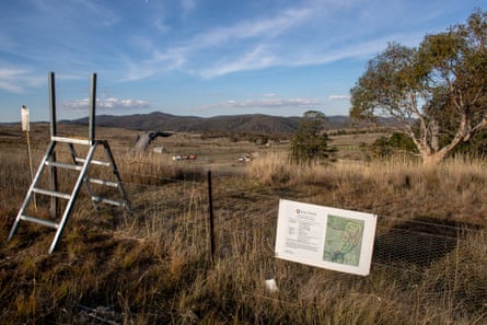 A development application sign over looking the south facing valley near Jindabyne in the Snowy Mountains where the proposed subdivision will be built.