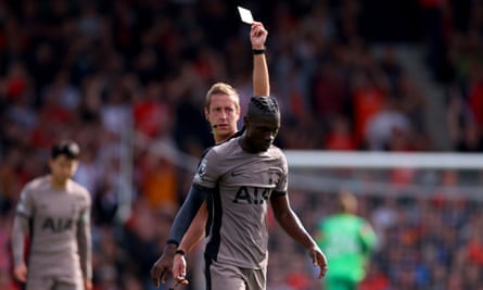 Yves Bissouma is shown his second yellow card against Luton, leading to his dismissal. 