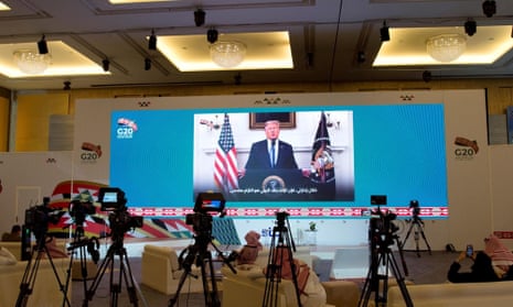 Donald Trump’s virtual speech is aired live in media centre of the 15th annual G20 Leaders’ Summit, in Riyadh, Saudi Arabia.