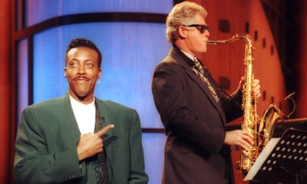 Let’s talk about sax … Bill Clinton performs Heartbreak Hotel on The Arsenio Hall Show in 1992.