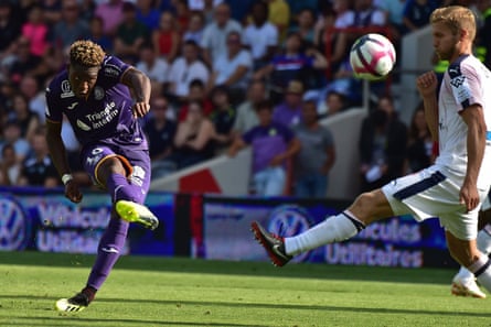 Toulouse forward Aaron Leya Iseka scores during the win over Bordeaux.