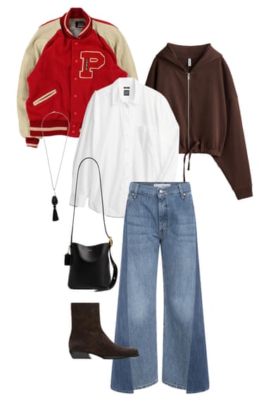 A composite image of a red varsity bomber jacket, a white shirt, a brown zip-up hoodie, blue denim flared jeans, brown suede ankle boots, black long-strap shoulder bag and long black tassel necklace on a white background