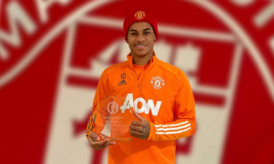 Marcus Rashford receives the Guardian footballer of the year award for 2020.