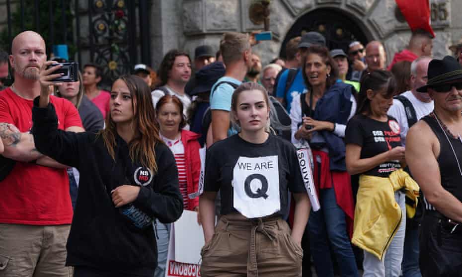 A QAnon supporter at an anti-lockdown protest in Berlin last year