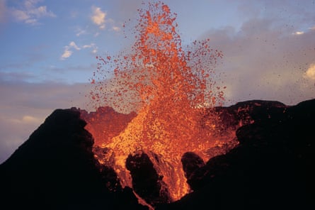 Piton de la Fournaise volcano on Réunion island erupting.