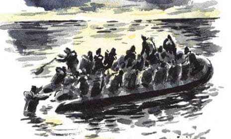 Illustration of an overcrowded boat Sea Prayer by Khaled Hosseini.