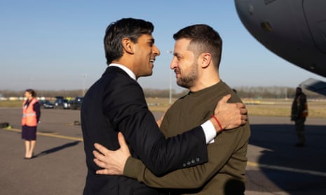 Rishi Sunak greets Volodymyr Zelenskiy as the Ukraine president arrives in the United Kingdom.