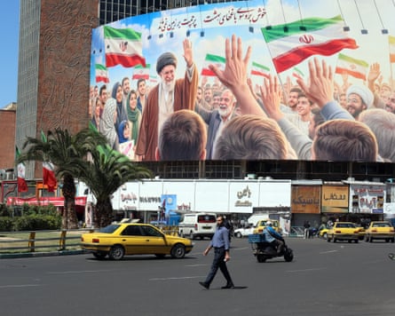 A huge poster of late Iranian supreme leader Ayatollah Ali Khamenei at the Valiasr square in Tehran, Iran