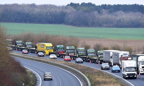 Lorries taking part in a no-deal Brexit test on the roads near Dover in January.