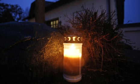 A candle left outside Andreas Lubitz’s family home in Montabaur, Germany