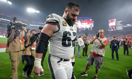 Philadelphia Eagles center Jason Kelce walks off the field after the loss to the Tampa Bay Buccaneers.  Kelce is almost certain to retire after 13 seasons with the team