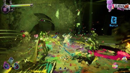 A frenetic fight scene featuring multiple enemies with health bars above their heads.