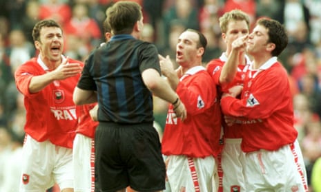 Happier days for Barnsley as Darren Sheridan is sent off against Liverpool in 1998.