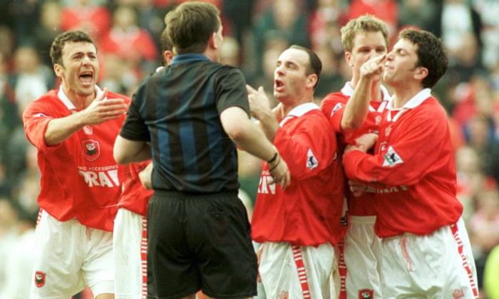 Happier days for Barnsley as Darren Sheridan is sent off against Liverpool in 1998.