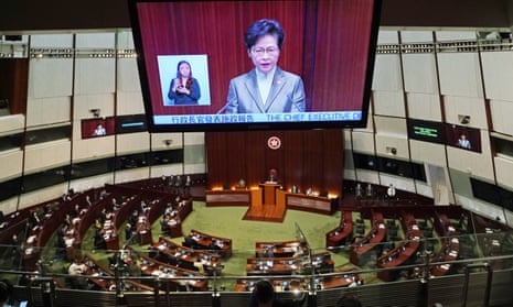 The Hong Kong chief executive, Carrie Lam, delivers her annual address to a sparsely attended Legislative Council.