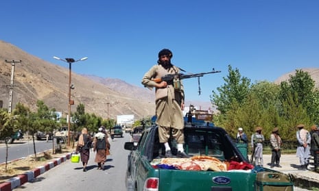 Taliban members on patrol after they took over Panjshir valley.