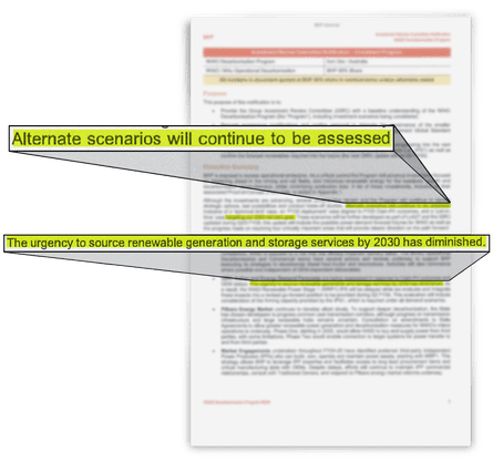 Memo reads ‘Alternate scenarios will continue to be asessed / The urgency to source renewable generation and storage services by 2030 has diminished’