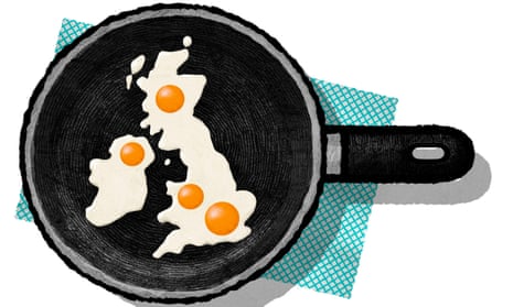 Cartoon of fried eggs in shape of British Isles in a frying pan.
