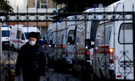 Ambulances queue in front of a hospital in Moscow on Saturday
