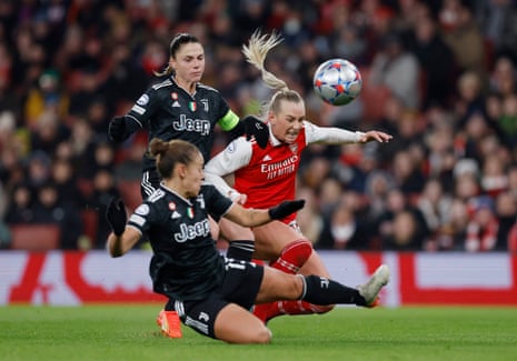 Arsenal v Juventus: Women’s Champions League – live | Women's Champions League 2 Arsenal's Stina Blackstenius is tackled by Juventus' Lisa Boattin and Cecilia Salvai looks on.