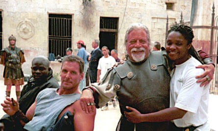 Oliver Reed with members of the cast and crew of Gladiator in Valletta.
