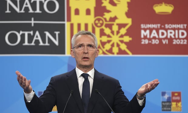 Jens Stoltenberg addresses a press conference on the second and final day of the Nato summit in Madrid
