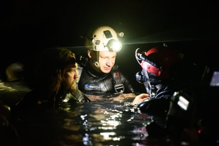 Rescue divers Erik Brown and Jim Warny, who play themselves, behind the scenes of The Cave