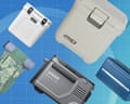Several coolers arranged on a blue grid background