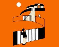 a man looks at a neighbor behind multiple fences in a gated community