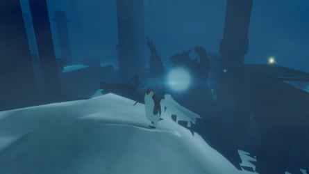 An animated penguin stands on snow before a glowing light amid dark icy structures