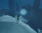 A penguin stands on snow near a glowing orb beside dark statue-like silhouettes in icy fog