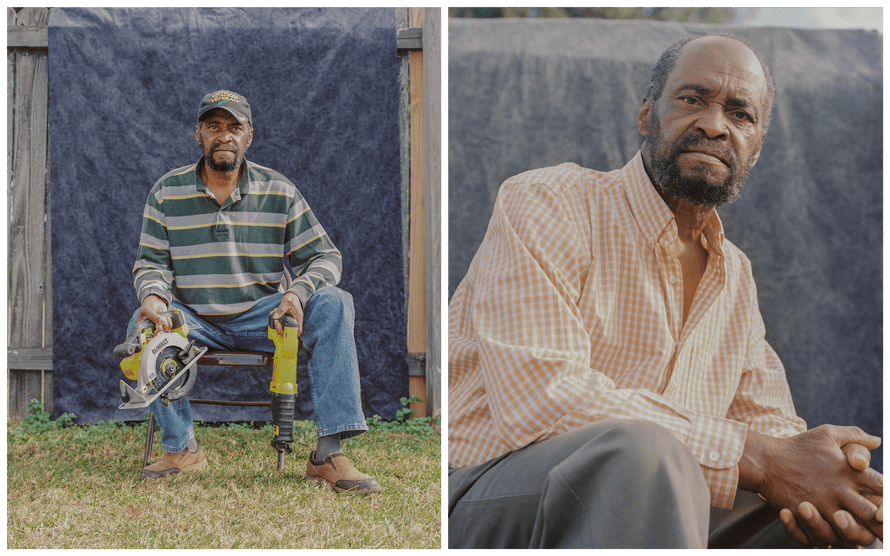 A man sits for a portrait holding power tools, a man sits for a portrait in a button down dress shirt