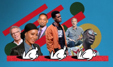 Composite of images of Carlton Cuse, Jada Pinkett Smith, Will Smith, Jabari Banks, Andy Borowitz, plus black and white cartoon rabbits going down holes in a red line