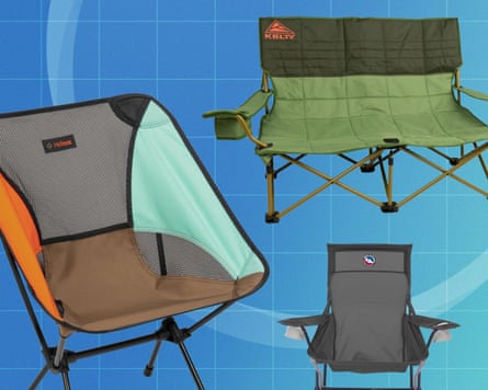 a compact tan chair, a wide green loveseat, and a grey folding chair.