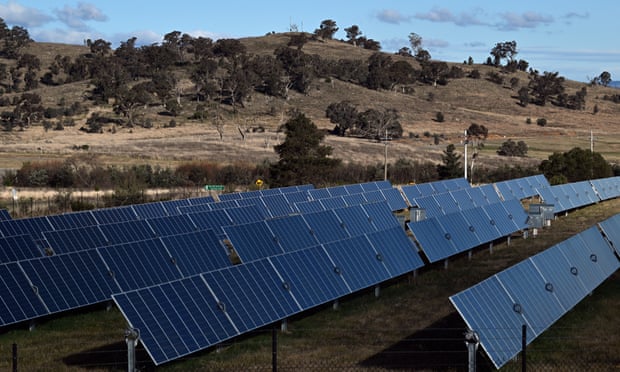 Solar panels at a solar farm on the northern outskirts of Canberra with a tree-covered hill in the background