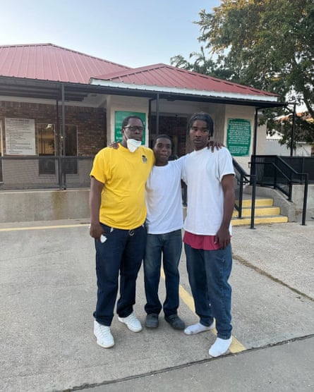 Kunta Gable, Leroy Nelson and Bernell Juluke stand outside the Angola prison after their release.
