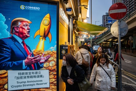 A cartoon image of Donald Trump with bitcoin tokens on the side of a store as people walk by