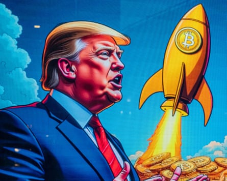 A cartoon image of Donald Trump with Bitcoin tokens