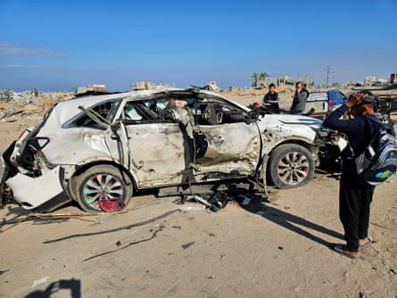 One of the vehicles in which employees of the World Central Kitchen were killed in an Israeli strike in Gaza in 2024.