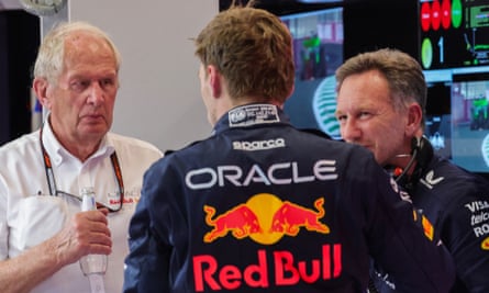 Red Bull adviser Helmut Marko talks with Christian Horner and Max Verstappen