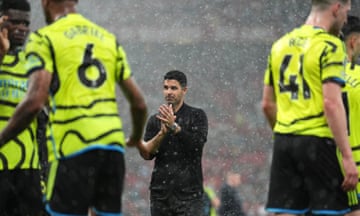 The Arsenal manager, Mikel Arteta, applauds the fans following the Premier League win at Manchester United