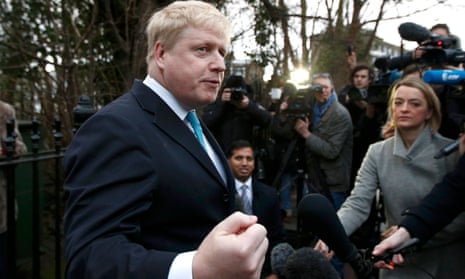 London Mayor Boris Johnson speaks to the media in front of his home in London, Britain February 21, 2016. Britain will hold a referendum on European Union membership on June 23. REUTERS/Peter Nicholls