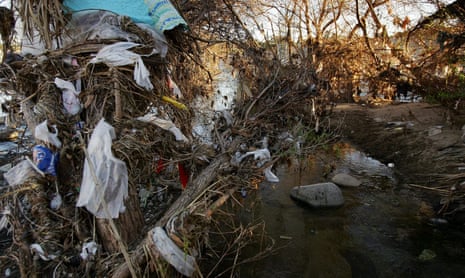 Thousands of single-use plastic bags are left hanging on trees year-round in the Los Angeles River channel, after being washed by rains from streets and storm drains. California is taking a step towards eliminating so-called “biodegradable” plastic waste by banning bioplastic microbeads.